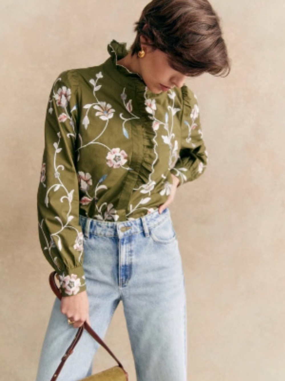 Sezane Coline Blouse in Multi-colored Flower on Khaki - Picture 1 of 11